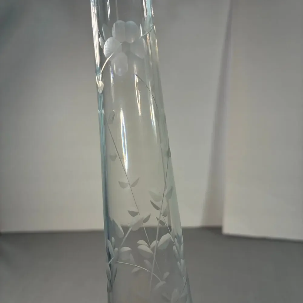 Vintage Etched Clear Glass Bud Vase 10 Inch Ruffled Flared Rim Floral Design